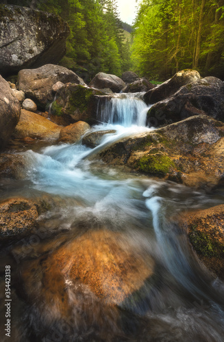 Beautiful nature with water flowing thourgh rocks near Zelene pleso (Green Lake) in High Tatras, Slovakia.