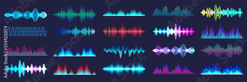 Colored sound waves collection. Analog and digital audio signal. Music equalizer. Interference voice recording. High frequency radio wave. Vector illustration.