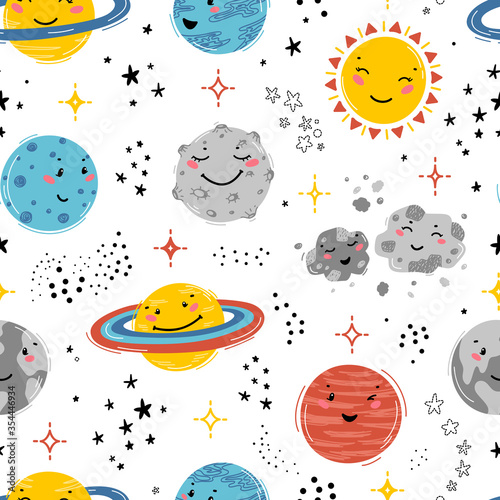 Space Seamless Pattern with Planets Solar System, Sun, Meteorite and Stars. Doodle Cartoon Cute Planet Smiling Face. Space Vector Background for Kids. Nursery Design, Birthday Party 