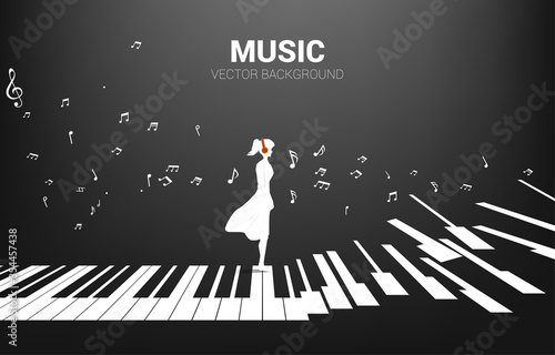 Vector silhouette of woman standing with piano key with flying music note . Concept background piano music and recreation.