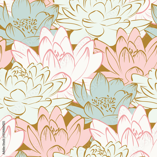 lily lotus flower vector japanese chinese nature ink illustration sketch traditional seamless pattern colorful