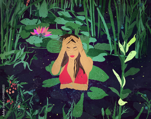 Postać młodej dziewczyny z uniesionymi rękoma stojącej w wodzie pośród roślin wodnych