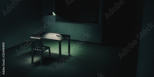 Dramatic lit scene of a police interrogation room / 3D rendering, illustration