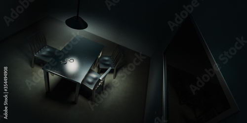 Dramatic lit scene of a police interrogation room / 3D rendering, illustration