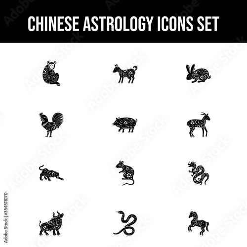 B&W Illustration of Chinese Astrology icon Set.