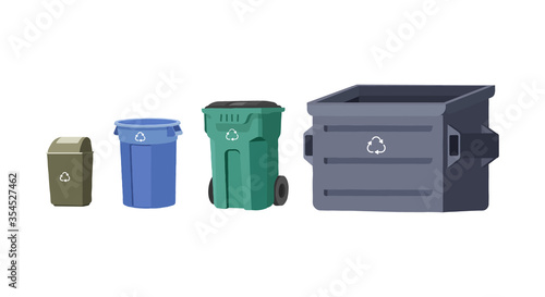 House trash bins. Garbage cans of different sizes. Garbage processing. Container. Colorful recycle trash buckets. Vector isolated illustration in a flat style on a white background.