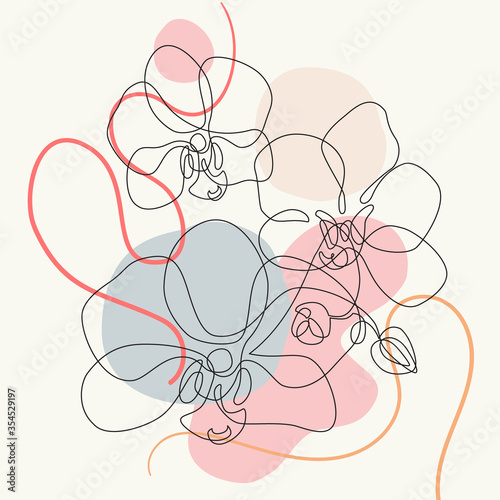 Beautiful orchids line art pattern. Exotic flowers drawing on simple shapes and lines background