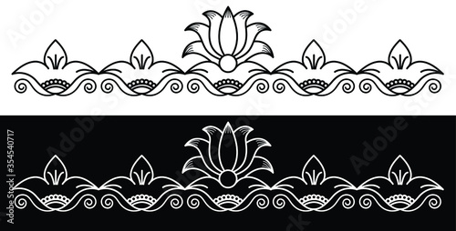 Border design concept of Lotus flower with leaves and decoration isolated on black and white background
