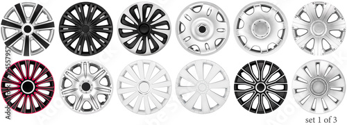 Sets wheels covers for car, different models. Three sets. Isolated on a white background.