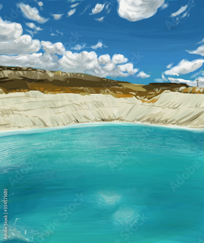 Bright colorful lake landscape with clay hills and transparent turquoise water. Industrial scene of summer nature. Ruster stock illustration in realism.