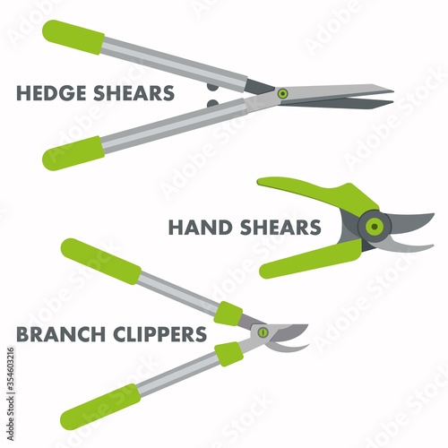 Garden hand tools set of branch clippers, hand shears and hedge cutters.