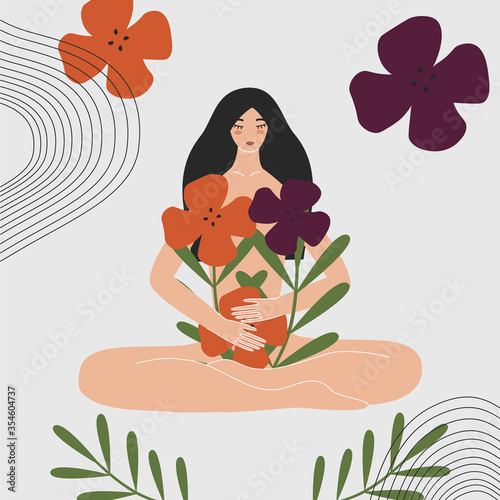 Woman health and gynecology concept. Wild and natural female beauty. Beautiful pregnant naked asian girl holding bouquet of flowers. Idea of fertility, body positivity. Flat vector illustration