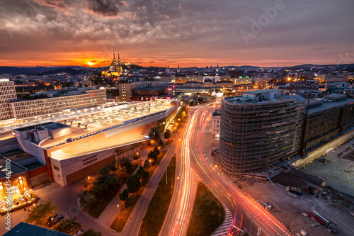 Sunset in Brno, Czech Republic. Orange sky in the city, long exposure. Beautiful sunset over a city