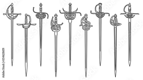 Set of simple vector images of epees and rapiers with decorative hilts drawn in art line style.