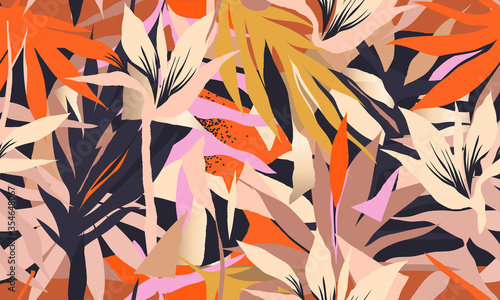 Colorful exotic jungle plants illustration pattern. Creative collage contemporary floral seamless pattern. Fashionable template for design.