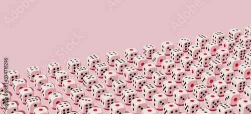 Minimal composition for hope and fortune concept. Pink gaming dices pattern on pink background. 3d rendering illustration.