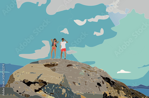 Kompozycja i ilustracja dwoje młodych ludzi na wakacjach stojących na wzgórzu na tle błękitnego nieba