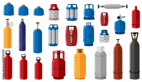 Set different gas cylinder on white background. Equipment for safe shipping gas