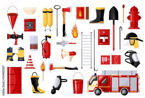 Set of fireman on white background. fire fighting vehicle and hydrant, helmet, hose, extinguisher, ladder, gas mask. Flat style .