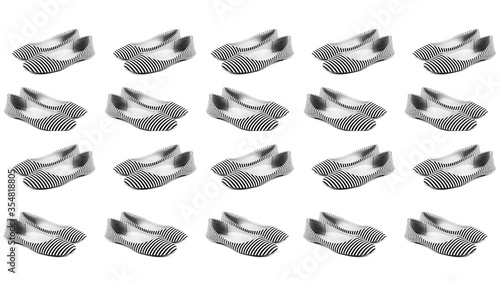 A set of variations of angles of women's summer shoes made of fabric in white and blue stripes, ballet flats, different perspectives, isolated on a white background. The concept of women's shoes.