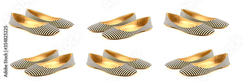 A set of variations of angles of women's summer shoes ballet flats in perspective, isolated on a white background. The concept of women's shoes. Banner