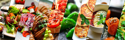 Collage of various food. Healthy and tasty vegetarian food, menu.