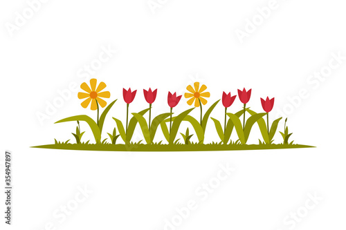 Garden Flowers Growing in the Flowerbed Flat Style Vector Illustration on White Background