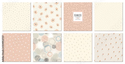 Trendy seamless patterns set. Cool abstract and floral design. For fashion fabrics, kid’s clothes, home decor, quilting, T-shirts, backgrounds, cards and templates, scrapbooking etc. 