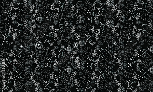 Silver flowers and leaf designs on black background. Vintage seamless pattern. Oriental style ornaments. Vector illustration.