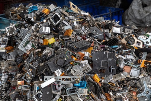  Scrap yard electronic waste for recycling with selective focus. electronic aluminium waste
