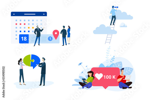 Flat design style illustrations of task management, vision, business solution, teamwork, social network. Vector concepts for website banner, marketing material, business presentation.