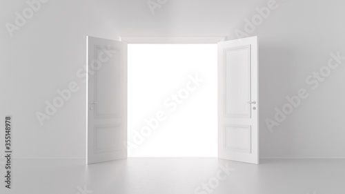 3d render shine of an open door in a bright room
