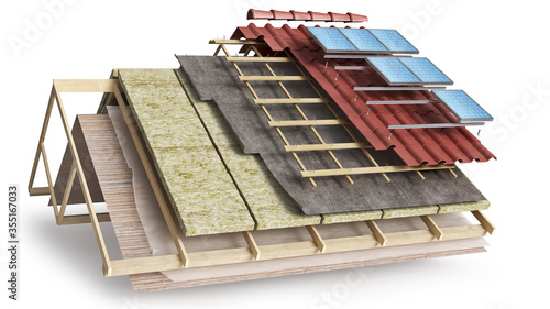 Layered scheme of roof covering and solar batteries installing, 3d illustration