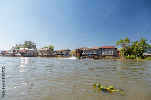 Floating village houses along Inle Lake in Burma