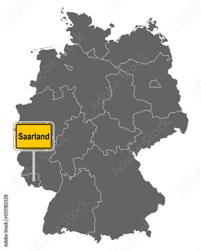 Landkarte von Deutschland mit Ortsschild von Saarland