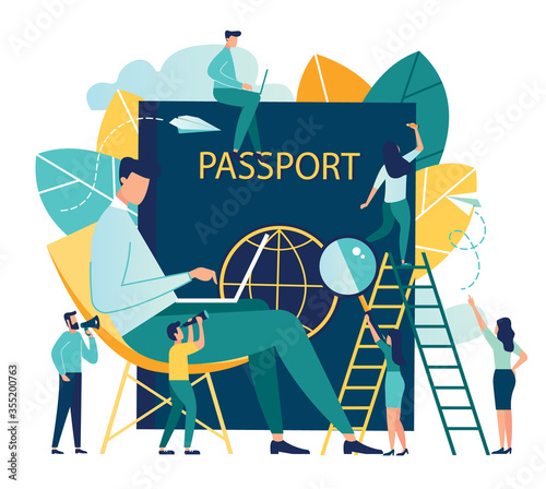 vector illustration business on white background, travel concept, a man sits near a passport and chooses a direction where to go, business trip