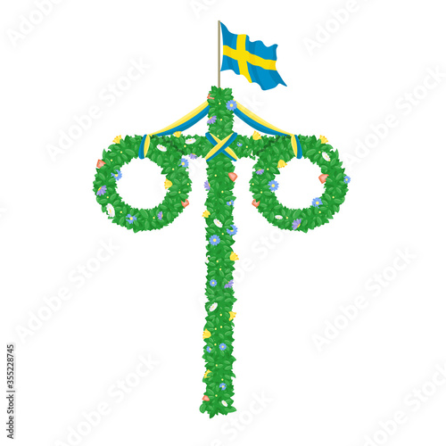 Midsummer floral wreaths, Swedish flag, maypole decorated, covered in flowers, leaves. Midsummer traditional Swedish symbol. Card (Kort) Glad Midsommar. White background. Happy family summer holiday