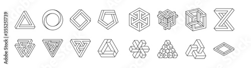Set of impossible shapes. Optical Illusion. Vector Illustration isolated on white. Sacred geometry. Black lines on a white background.