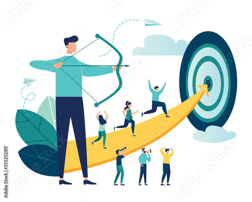 Vector illustration of a businessman archer aiming at a target, people run to their goal along the arrow to the cutter, raise motivation, the way to achieve the goal 