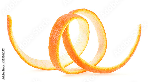 Close-up of spiral orange peel isolated on white background. Curl orange peel.