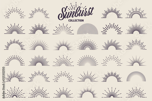 Vintage sunburst collection. Bursting sun rays. Fireworks. Logotype or lettering design element. Radial sunset beams. Vector illustration.