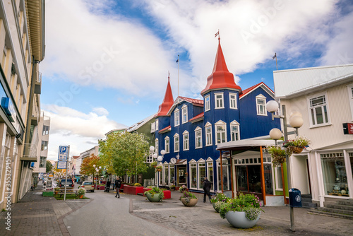  Beautiful vintage buildings in downtown Akureyri city, Iceland