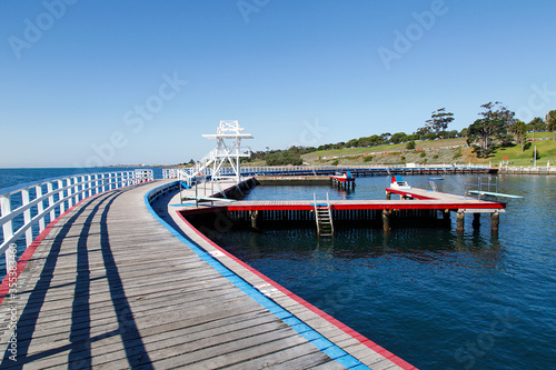 Eastern Beach Swimming Enclosure on Corio Bay opened in the 1930's is a protected seawater swimming pool with lifeguards, children's area and a shark gate.