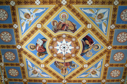 Ceiling fresco with Evangelist figures in the Church of the Holy Three Kings in Kraljev Vrh, Croatia