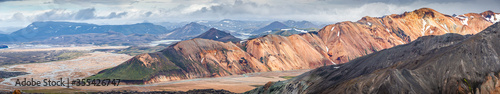 Panoramic landscape view of colorful rainbow volcanic Landmannalaugar mountains, Nordurbarmur range, wide river flooding and camping site in Iceland
