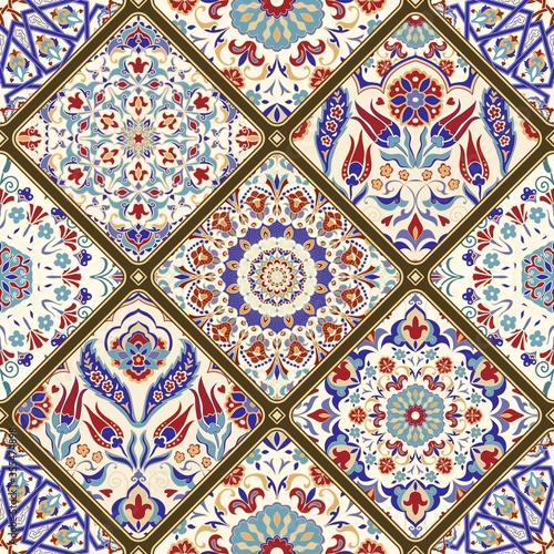 Seamless ceramic tile with colorful patchwork. Vintage multicolor pattern in turkish style. Hand drawn background. Islam, Arabic, Indian, ottoman motifs