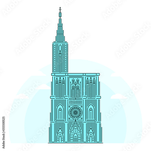 Strasbourg Cathedral - famous landmark of Strasbourg, Alsace, France. Monument of Catholicism and early Gothic architecture. Linear style outline vector illustration on white background