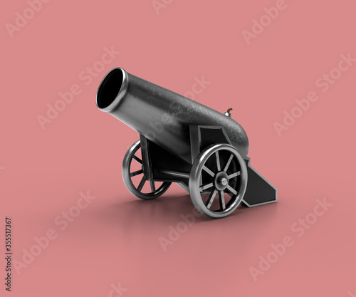 Ancient cannon. 3d Illustration of vintage cannon on a pink background. Medieval weapons for your design