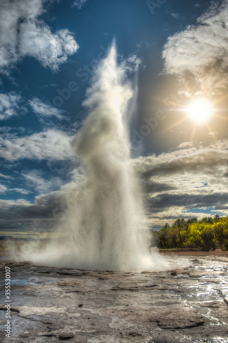Strokkur is a geyser in the geothermal region near the Hvitá River and Reykjavik city, considered one of the most famous geysers in Iceland, The geyser erupts on average every 4 to 8 minutes.