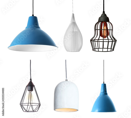 Set of different modern hanging lamps on white background